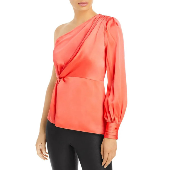 🔴CINQ A CEPT Stace Silk One Shoulder Blouse Neon Coral‎ - Picture 1 of 10